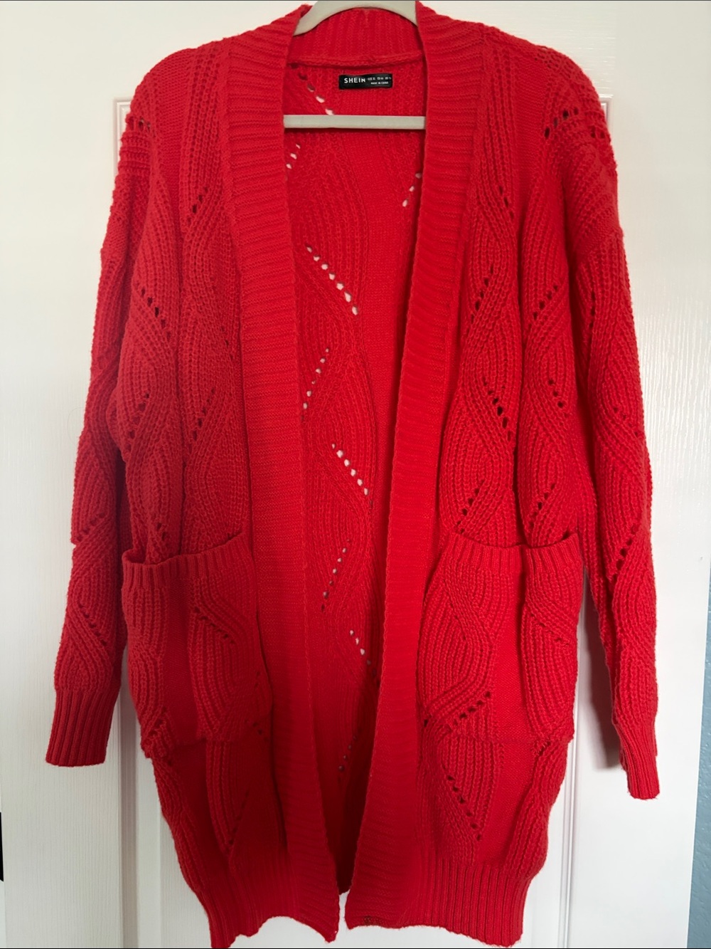 SHEIN Red Open-Front Cable Knit Cardigan with Pockets
